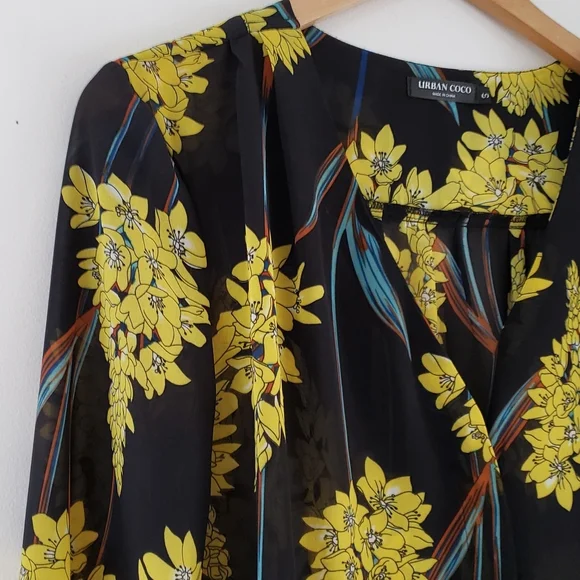 Urban Coco long sleeve sheer black Yello floral button blouse; Size small - Picture 3 of 16